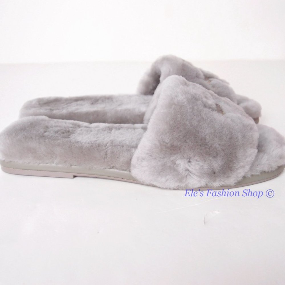 NIB Tory Burch Double T Shearling Slide Sandal GRAY HERON 6.5 7 7.5 8 AUTHENTIC - Picture 11 of 16